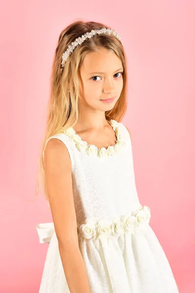 Little Girl Fashionable Dress Prom Fashion Model Pink Background Beauty — Stock Photo, Image