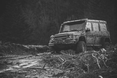 Kirli offroad araba defocused arka plan üzerinde koyu orman ile.