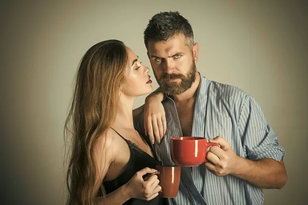 Couple in love. Perfect morning with coffee. couple in love drink morning coffee or tea.