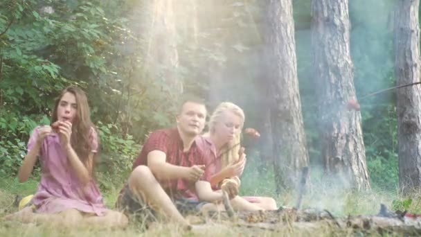 Amici felici che suonano musica e si godono il falò nella natura. Adolescenti che si divertono nella foresta. Amici seduti nella foresta in cerchio intorno al fuoco di un campo . — Video Stock
