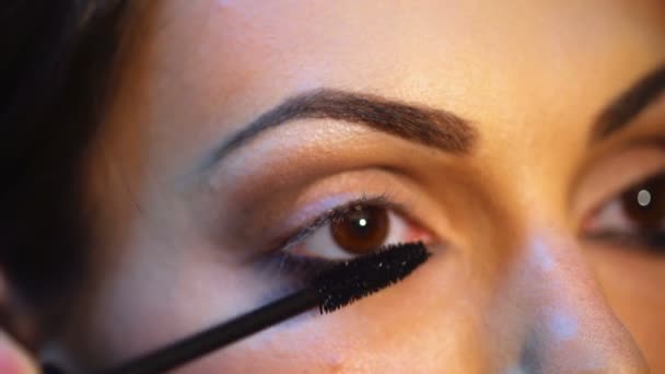 Make-up make-up artiest toepassen op een aantrekkelijke jonge vrouw. Make-up voor het meisje. Jong meisje in de beauty salon. — Stockvideo