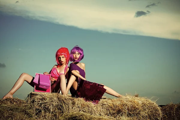 Κορίτσια στο πολύχρωμο περούκα μαλλιά με την τσάντα αγορών σχετικά σανός — Φωτογραφία Αρχείου
