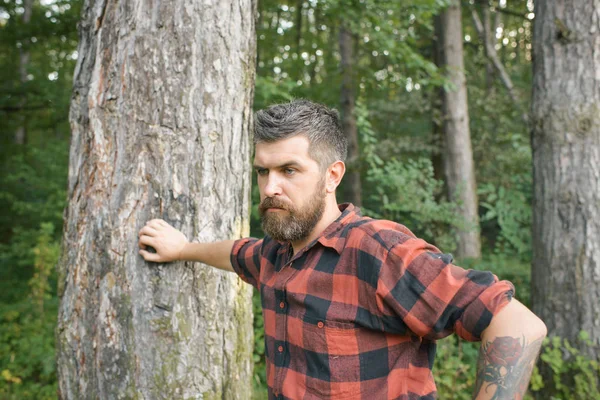 英俊的家伙在森林里徒步旅行。野蛮的伐木工人靠在树上。在荒野中生存 — 图库照片