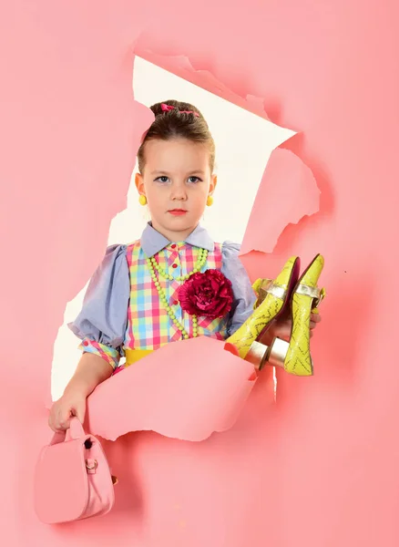 Child girl in stylish glamour elegant dress. child girl has beautiful hair. — Stock Photo, Image