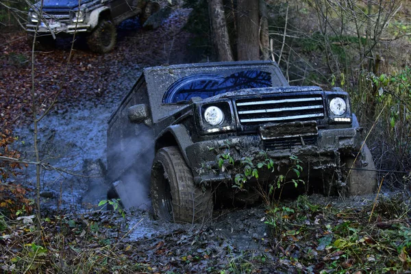 Sujo offroad carro passeios com obstáculos na área florestal . — Fotografia de Stock