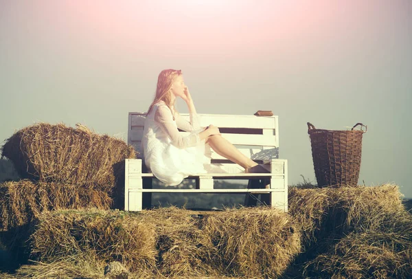 Braut im Brautkleid entspannt auf Holzbank. Albino-Mädchen mit Weidenkorb auf Heupicknick im Freien. sexy Frau mit langen blonden Haaren. Mode-Modell auf blauem Himmel — Stockfoto