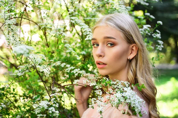 Chica en la cara de ensueño, rubia tierna cerca de las ramas con flores blancas, fondo de la naturaleza. Lady camina en el parque el soleado día de primavera. Concepto de primavera. Mujer joven disfrutar de flores en el jardín . — Foto de Stock