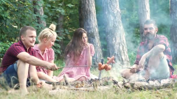 Gruppe von Freunden beim Picknick in einem Park an einem sonnigen Tag - Leute hängen herum, haben Spaß beim Grillen und entspannen. Gruppe von Freunden entspannt den Park an einem schönen Herbsttag. — Stockvideo