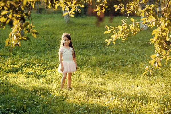 Liten flicka spela på grönt gräs i sommaren park, semester — Stockfoto