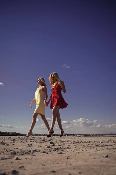 Jumeaux en été promenade sur fond de ciel bleu . — Photo