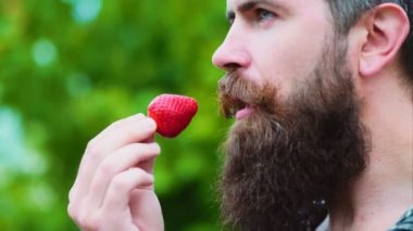 Tatlı çilek yeme genç bir adam. adam cinsel bir oyunun bir parçası bir çilek yeme. Çilek tutarak ve gülümseyen genç adam.