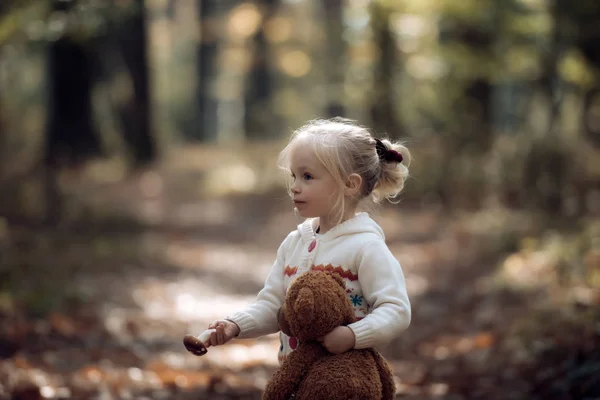 Malá holčička s hračkou mít na podzim park — Stock fotografie