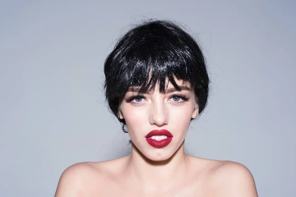 Beautiful Woman With Stylish Make Up Big Green Eyes Short Glossy