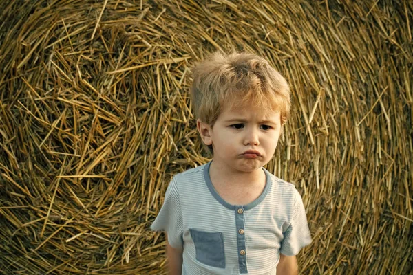 Sad boy at hay bale, summer