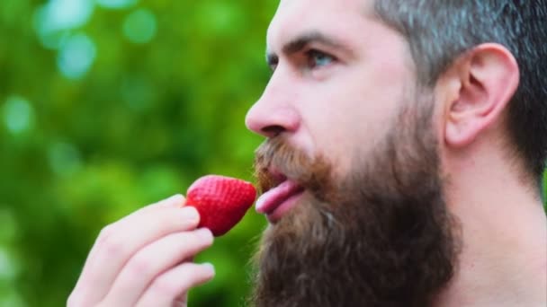 Nahaufnahme eines jungen Mannes, der eine Erdbeere isst. Mann isst eine Erdbeere als Teil eines sexuellen Spiels. junger Mann hält eine Erdbeere und lächelt. — Stockvideo