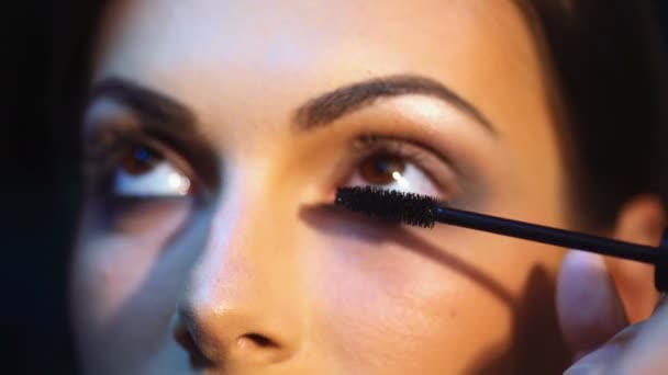 Make-up make-up artiest toepassen op een aantrekkelijke jonge vrouw. Make-up voor het meisje. Jong meisje in de beauty salon. — Stockvideo