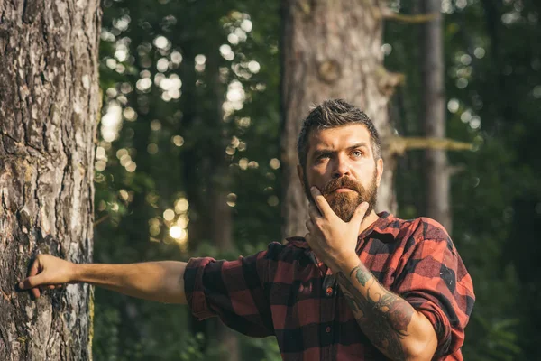 Nachdenklicher Mann, der neben Baum steht. Neugieriger Holzfäller, der sein Kinn hält. Hipster wandern in der Natur — Stockfoto