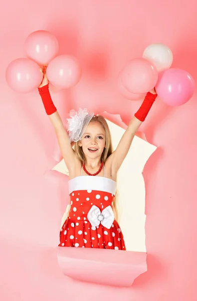 Little modern retro girl in fashion clothes hold balloons — Stock Photo, Image