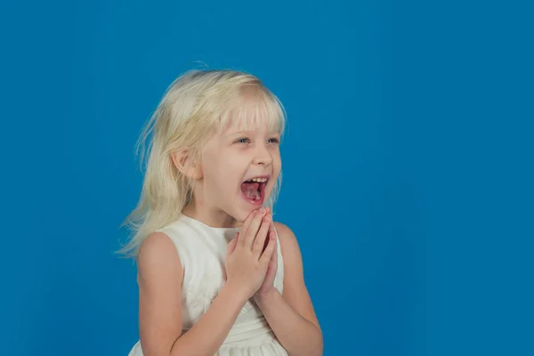 Niña pequeña preescolar en el estudio. lindo niño disfrutando en estudio azul . — Foto de Stock