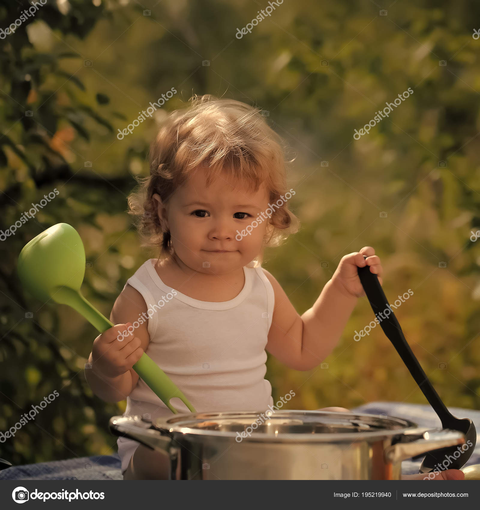 Child Outdoor Smiling Boy With Blonde Curly Hair In White
