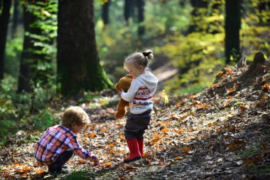 Aktif çocuk oyun sonbahar ormandaki temiz hava. Aktif dinlenme ve çocuklar etkinliği açık
