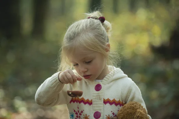 Działanie dzieciństwo i aktywnego wypoczynku odkryty. Dziecko z świeże grzyby w lesie jesienią. Mała dziewczynka zbiorów grzybów w lesie. Ekologiczne i zdrowe jedzenie. Wychowanie i wczesnego rozwoju — Zdjęcie stockowe