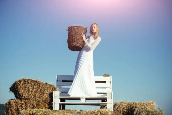 Девушка Альбинос держит плетеную корзину с сеном на солнечном открытом воздухе. Женщина невеста в свадебном платье на деревянной скамейке. Сексуальная женщина с длинными светлыми волосами. Модель моды на голубом небе — стоковое фото