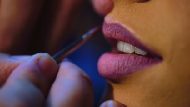 Make-up artist om ljusa läppstift på modeller läppar. Makeupartist gör makeup för flicka inomhus — Stockvideo