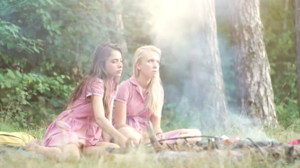 Dos mujeres jóvenes en estilo pin up divirtiéndose en un picnic en el parque al atardecer. Verano, vacaciones, vacaciones, gente feliz concepto - novias sonrientes. Novias en el picnic — Vídeos de Stock