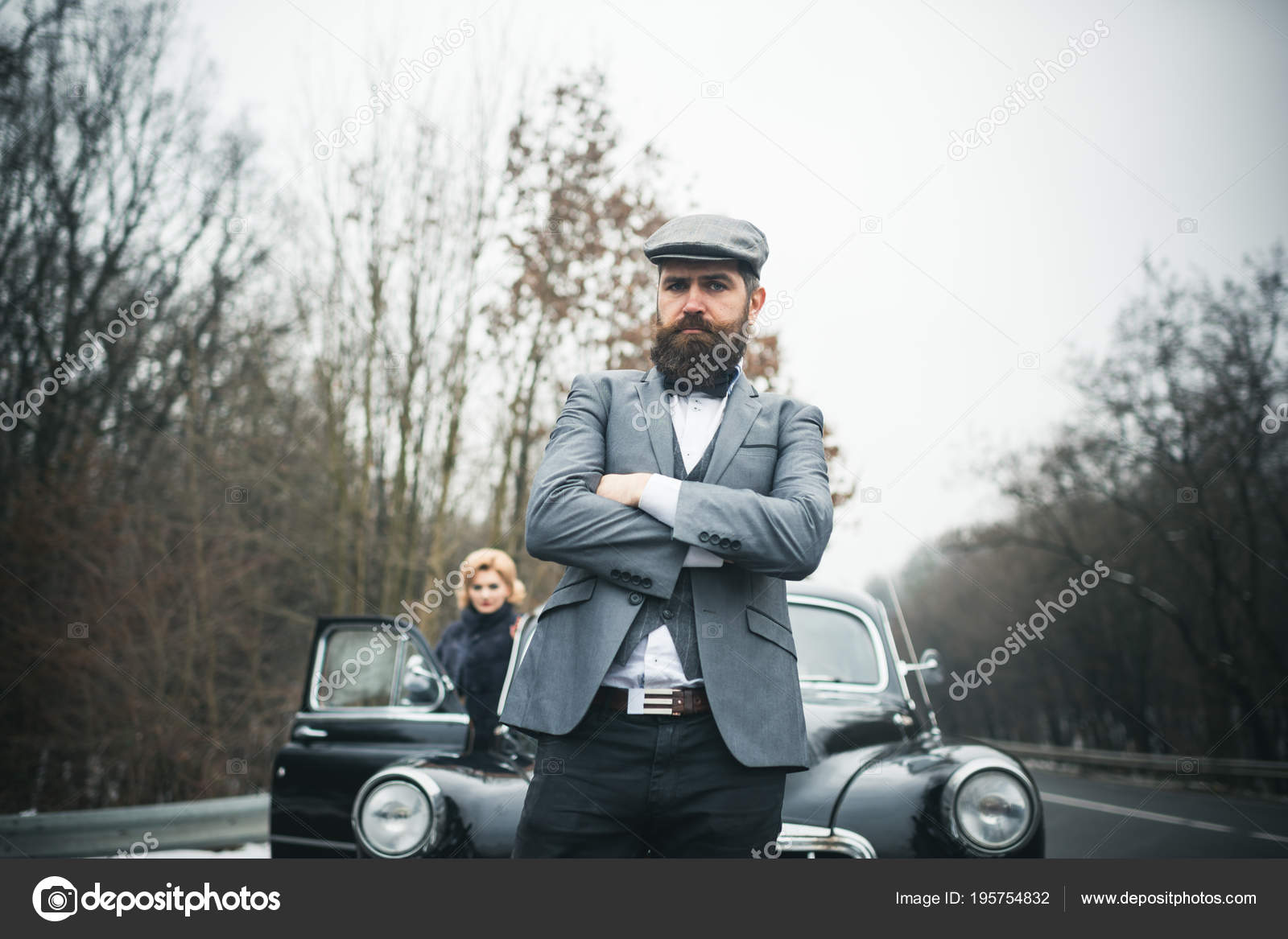 Bearded man and sexy woman in fur coat. Travel and business trip