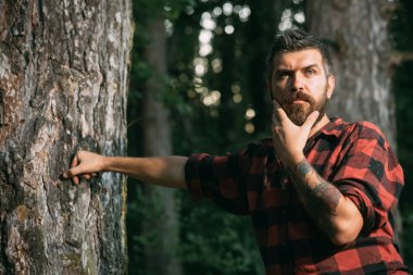 Kırmızı tişörtlü sakalını dokunmadan düşünceli yakışıklı adam. Woods, mindfulness ve huzur kavramı rahatlatıcı kolundaki dövme ile genç fiyatı.