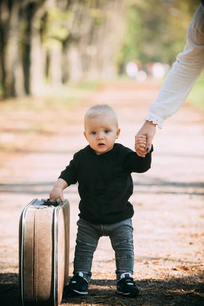 Niedlichen Kleinen Jungen Mit Koffer Auf Die Natur Babyferienkonzept — Stockfoto