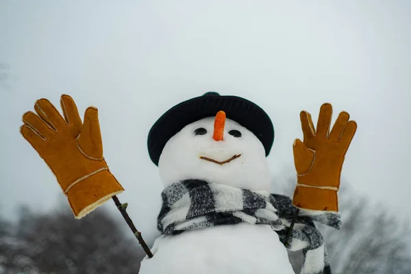 戴着围巾和帽子的雪人。 雪人祝你圣诞快乐,节日快乐. 雪人在雪地里 在雪中快乐有趣的雪人。 圣诞打折. — 图库照片