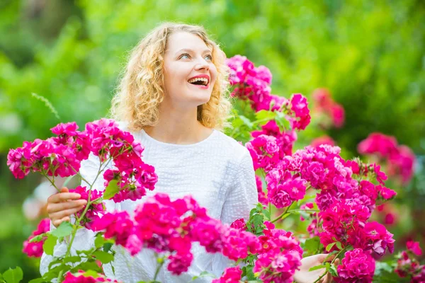 Bella donna con fiori di rosa in fiore primaverile. Giovane ragazza sorridente gode rosa fiori di rosa. Ora legale. Donna felice che cammina al roseto. Rosa cespuglio di rose fioritura . — Foto Stock