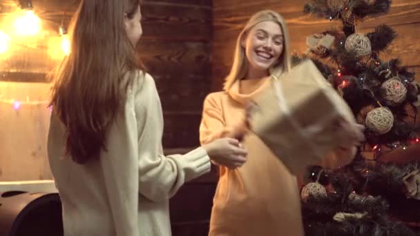 Fête du Nouvel An. Fille donnant un cadeau de Noël. Fête de Noël. Souhaitez-vous joyeux Noël . — Video