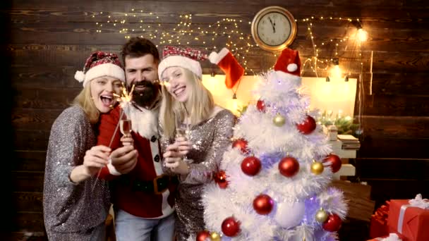 Julfestare, gruppfest nytt år. Glad grupp människor i Santa hatt på jul företag fest. — Stockvideo