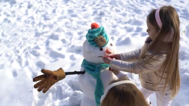 Ευτυχισμένα παιδιά κάνουν χιονάνθρωπο χιονάνθρωπο σε μια χιονισμένη χειμερινή βόλτα. Θέμα Χριστούγεννα διακοπές χειμώνα νέο έτος. Ευτυχισμένος χειμώνας. — Αρχείο Βίντεο