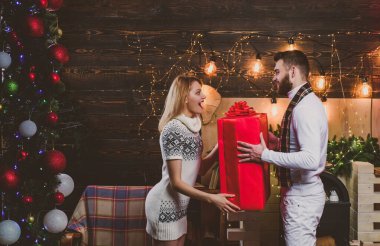 Bayramlarda ve hediyelerde eğlenen sevgi dolu Noel çifti. Birbirlerine hediye verip, Noel tatillerini birlikte geçirmeyi seven çiftler. Mutlu Noeller ve mutlu yıllar..