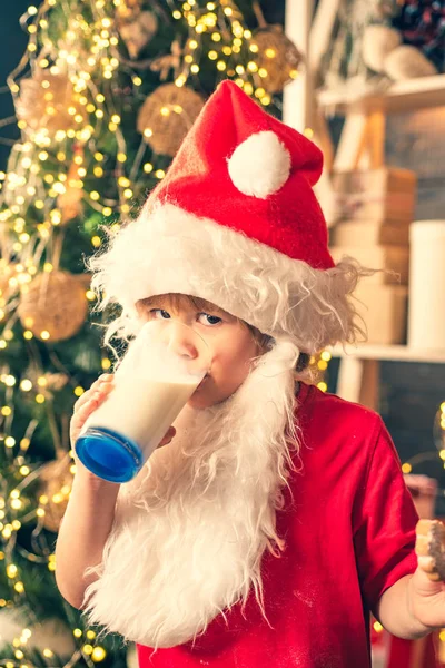 Santa Claus drží vánoční cukroví a mléko na pozadí vánoční stromeček. Šťastný Nový rok. Ten kluk Santa Claus si o Vánocích vezme sušenku. Vánoční cukroví a mléko. — Stock fotografie