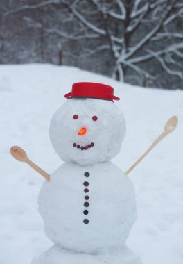 Kardan adamı selamlıyorum. Kış zamanı sahnesi. Kardan Adam 'la Noel geçmişi. Beyaz karlı arka planda kardan adam ile kış sahnesi.