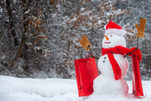 O boneco de neve está a usar um chapéu de pele e um cachecol. Cena de inverno com boneco de neve no fundo de neve branco. Fundo de inverno com flocos de neve e boneco de neve . — Fotografia de Stock