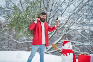 Baltalı Noel oduncusu ve Noel ağacı. Sakallı Adam Noel ağacını kesiyor. Kış ormanında baltayla oduncu. Genç oduncu ormandaki Noel ağacını kesiyor..