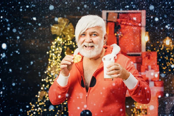 De Kerstman thuis. Kerstman plukt koekjes en glas melk thuis. Kerstbaard stijl. Portret van de Kerstman Melk uit glas drinken en koekjes vasthouden. — Stockfoto