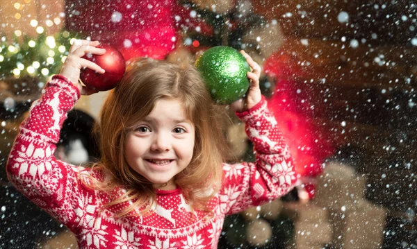 Christmas childs in snow. Happy childhood. Adorable child play at home. Dreamy baby toddler on christmas eve. Believe in christmas miracle. Wish to meet santa claus. Winter holidays. Merry christmas — Stock Photo, Image