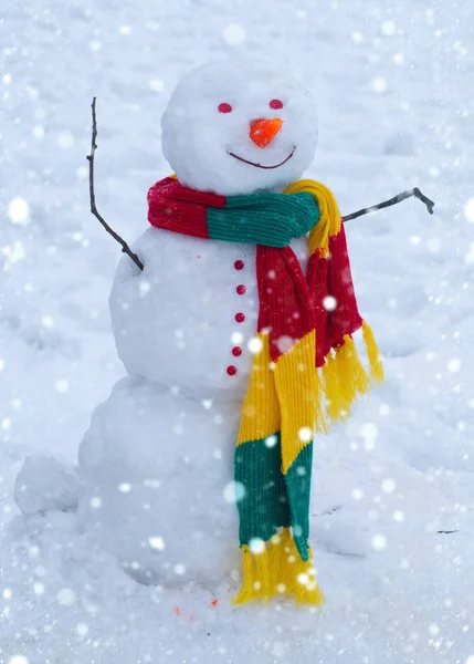 Fondo de invierno con copos de nieve y muñeco de nieve. Feliz Navidad y Feliz Año Nuevo. Fondo de Navidad con muñeco de nieve. — Foto de Stock