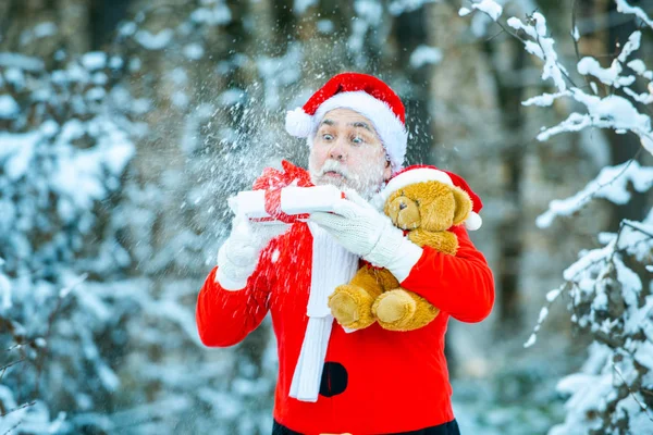 冬時間だメリークリスマスと幸せな休日。サンタクロースは手の魔法の雪を吹いていた。自然を背景に雪が降るサンタクロースの写真. — ストック写真