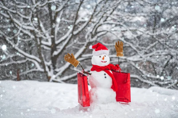 クリスマス休暇割引と冬のセール。買い物袋付きのスカーフと帽子の雪だるま。冬のクリスマスの風景に立っているギフトボックスを持つ幸せな雪だるま. — ストック写真