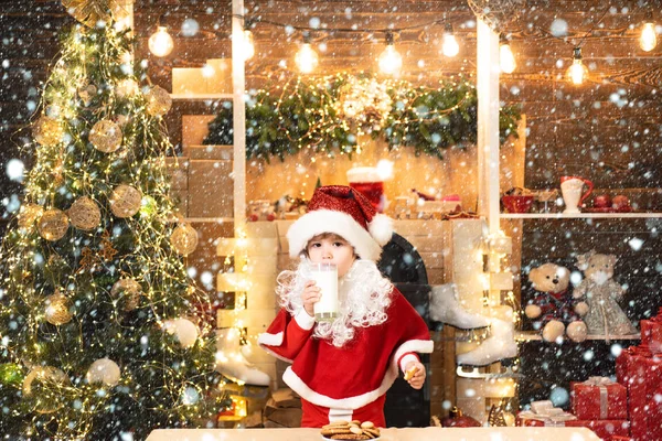 Веселый Санта-Клаус держит стакан с молоком и печеньем с камином и елкой на заднем плане. Санта-Клаус - бородатый смешной ребенок. Санта дома. Ребенок в снегу . Лицензионные Стоковые Фото