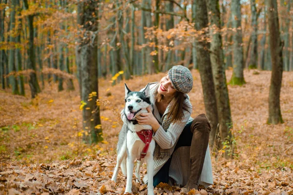 Linda menina sorridente acariciando seu cão husky. Mulher com seu cão escolheu um ótimo lugar para passear, porque as tintas da floresta de outono faz algum sentimento de humor. Conceito de passeio e carinho de outono . — Fotografia de Stock