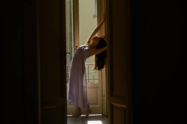 Şeffaf gecelikli kadınlar. Balkonun yanında duran genç bir kadın. Seksi gecelikli manken modeli. Çekici. Genç bir kadın poz veriyor. Güzellik ve moda.